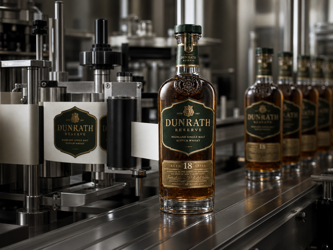 Whisky bottle on a labelling and quality inspection line
