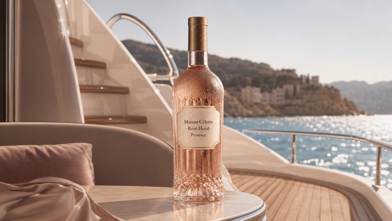 Finished Maison Céleste Rosé Floral bottle standing on a yacht deck with coastal Mediterranean backdrop
