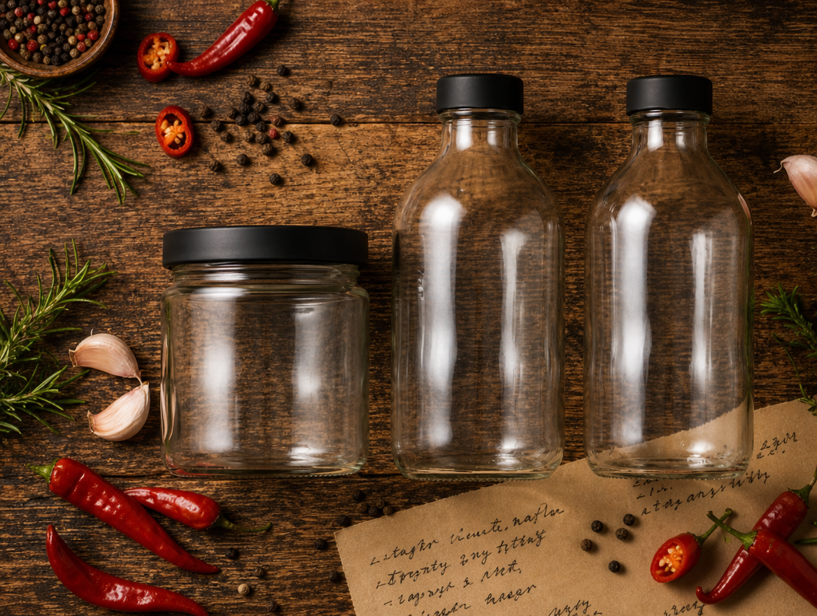 The three MARONI glass formats lined up as clear unlabelled samples with matte black screw caps