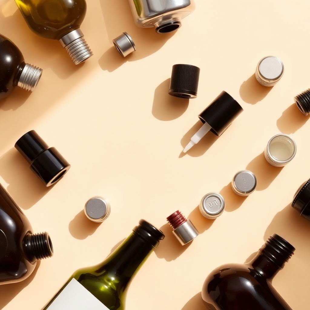 Assorted bottle closures and caps laid out on ivory