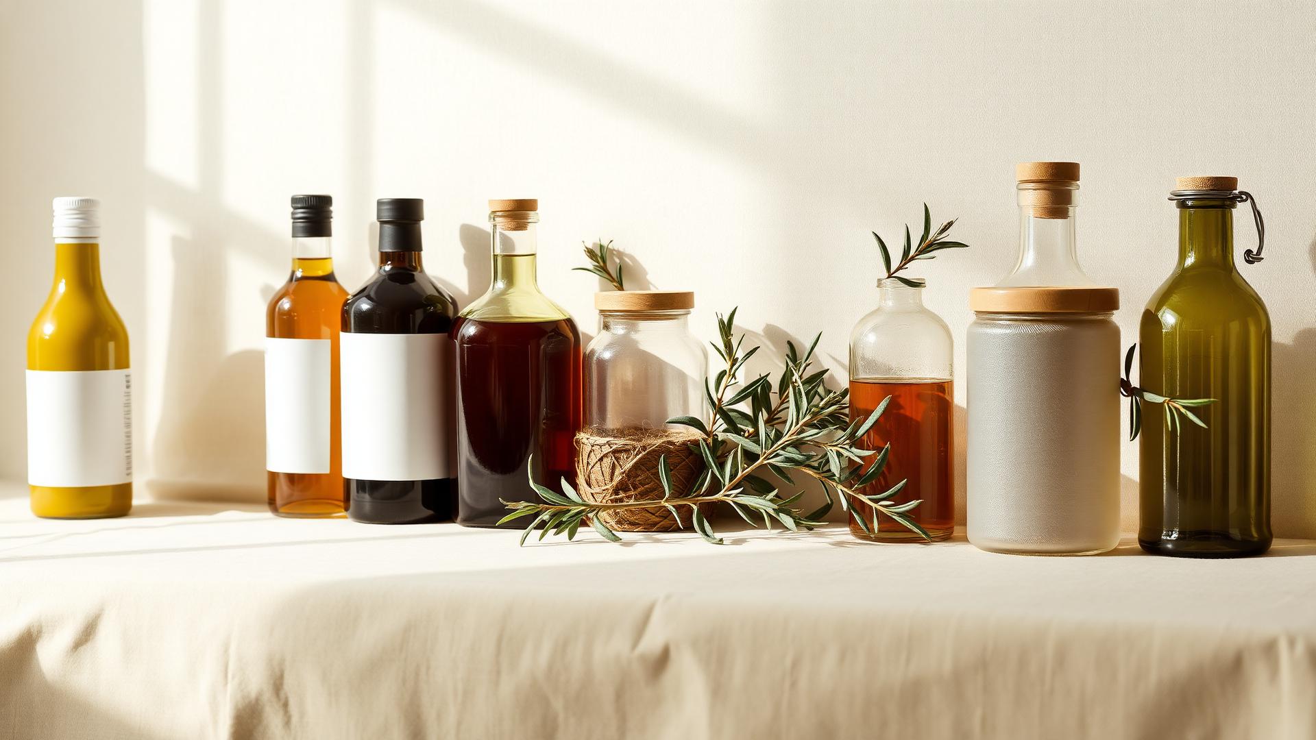 Curated line-up of unbranded glass packaging with fresh olive branches on warm cream linen