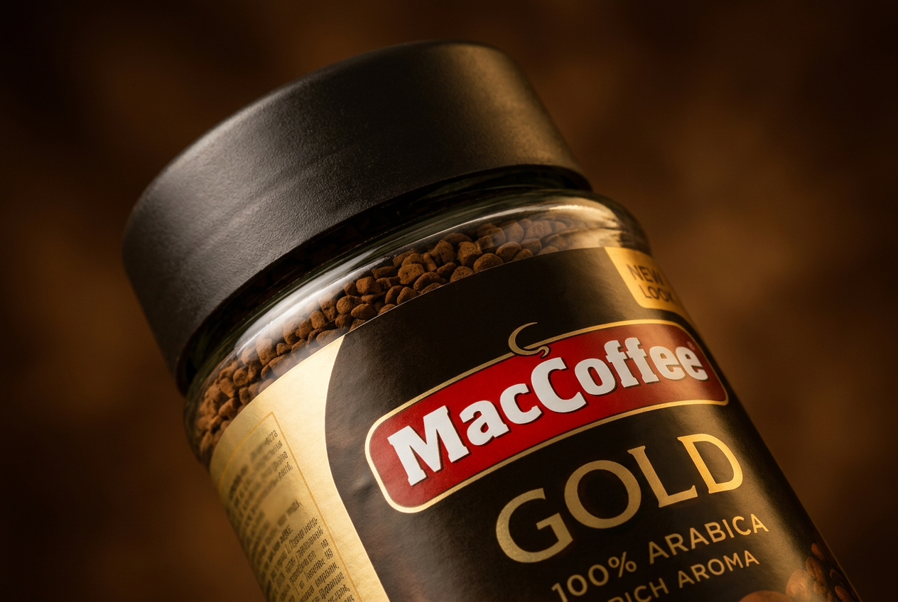 MacCoffee Original jar with matte black proprietary cap and coffee-bean emblem detail.