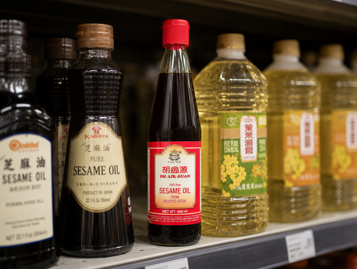 Oh Aik Guan sesame oil bottle on the retail shelf between competitor brands — the anatomy translated to a shelf-ready pack.
