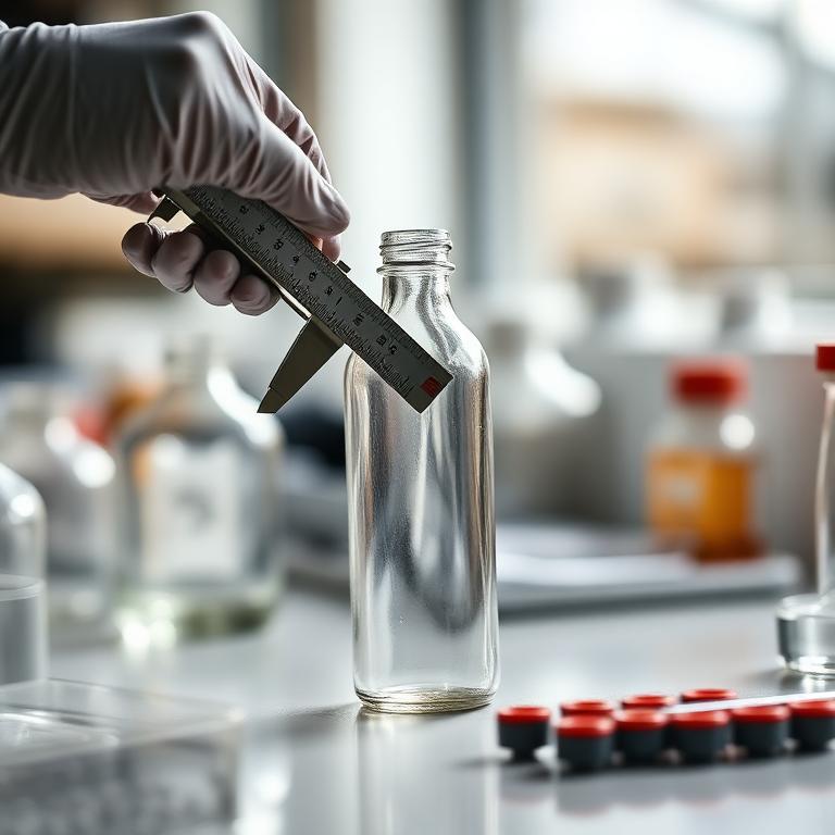 Inspector measuring a glass bottle with calipers