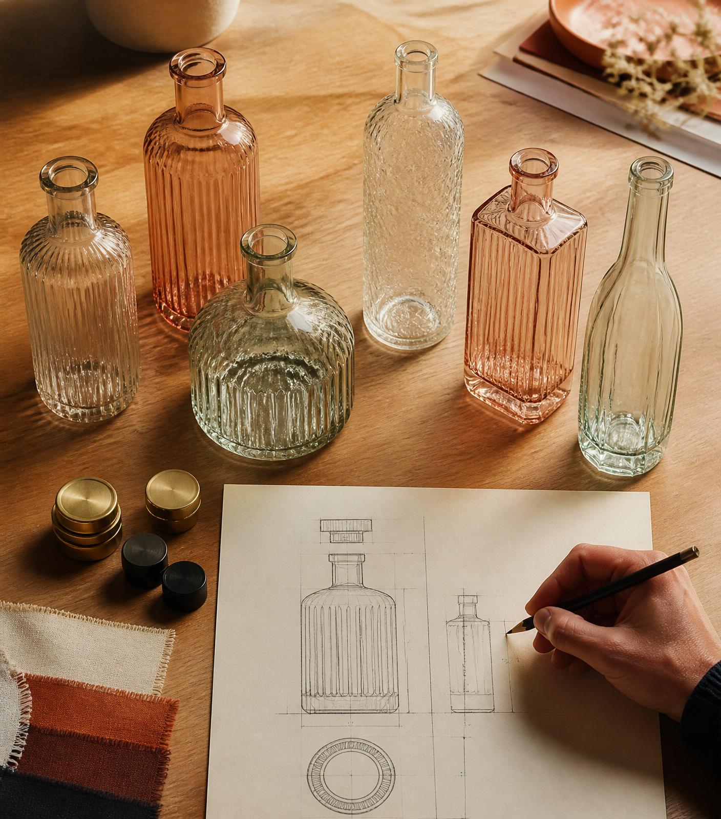 Custom glass bottle prototypes with closures, fabric swatch and technical sketch on a designer's desk