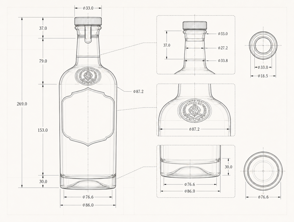 Dimensioned technical drawing of the Dunrath Reserve whisky bottle