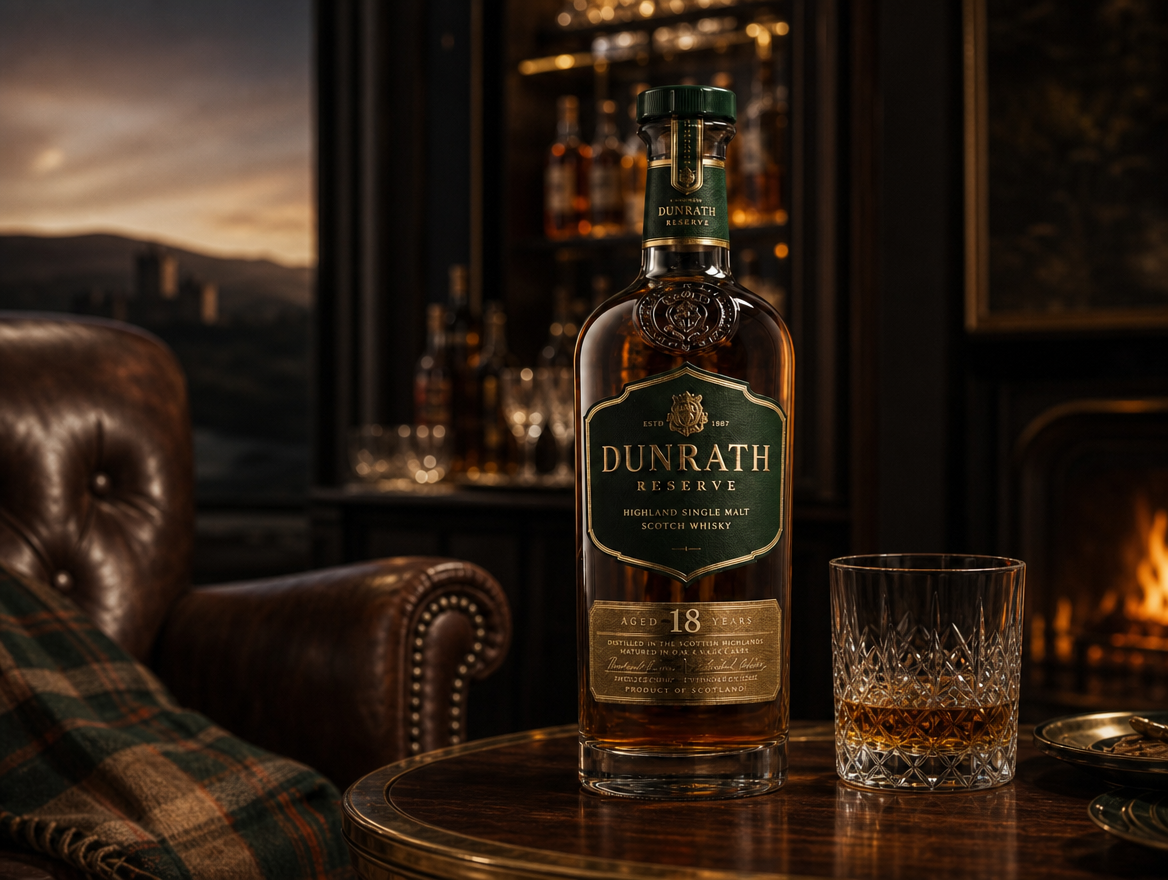 Concept Dunrath Reserve whisky bottle with a poured dram in a heritage lounge setting