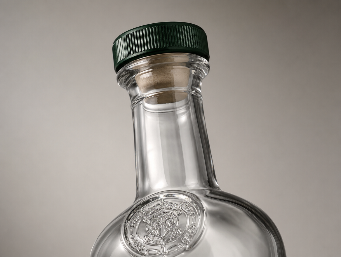 Close-up of green aluminium overcap and cork closure on the whisky bottle neck