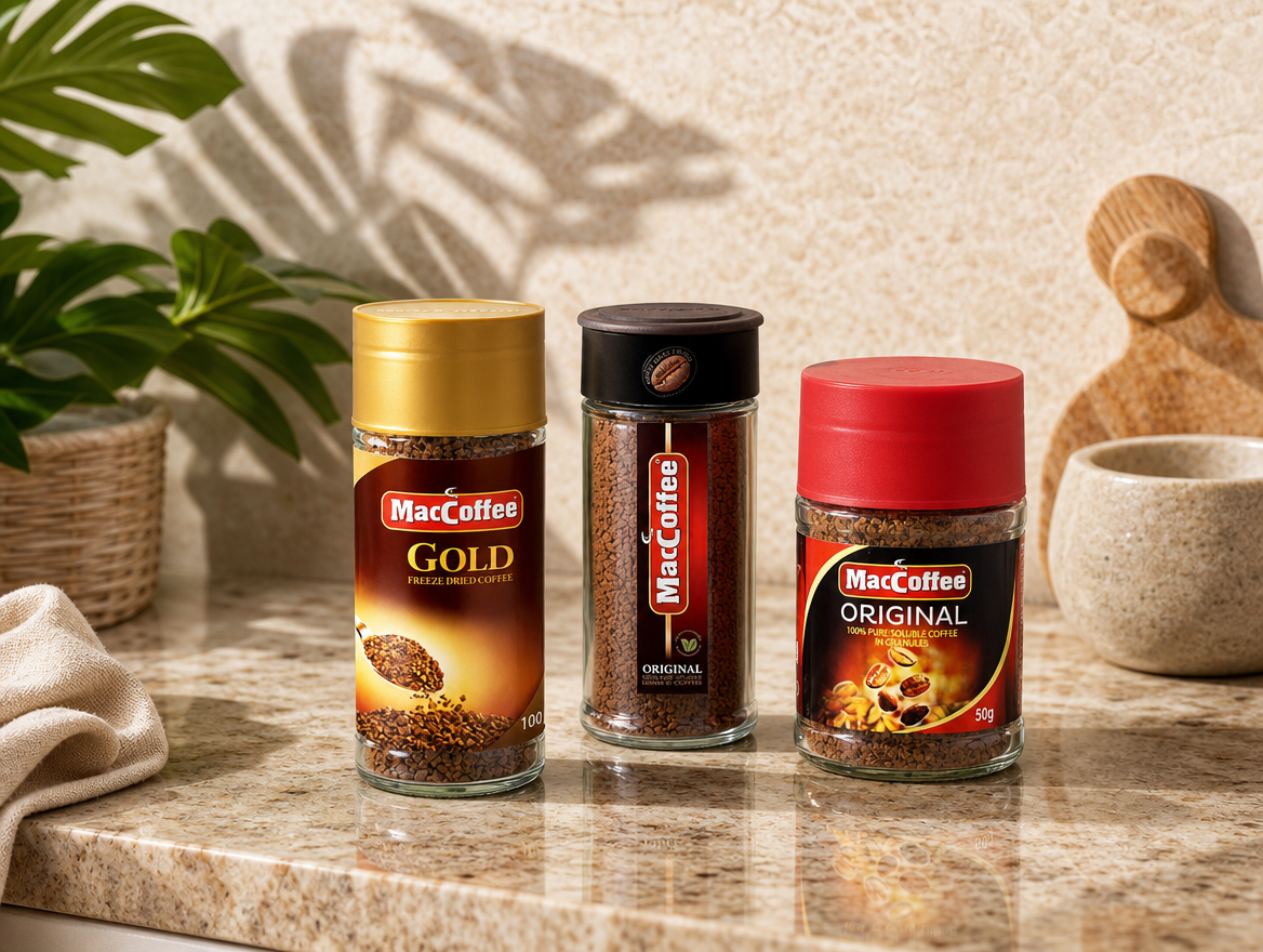 MacCoffee Gold, Original and black-cap jars together on the countertop — fit and family consistency across the range.