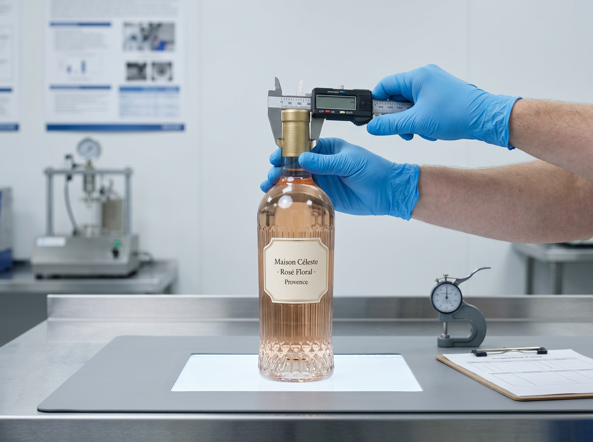 Labelled Maison Céleste bottle on a QA inspection bench with calipers and light box