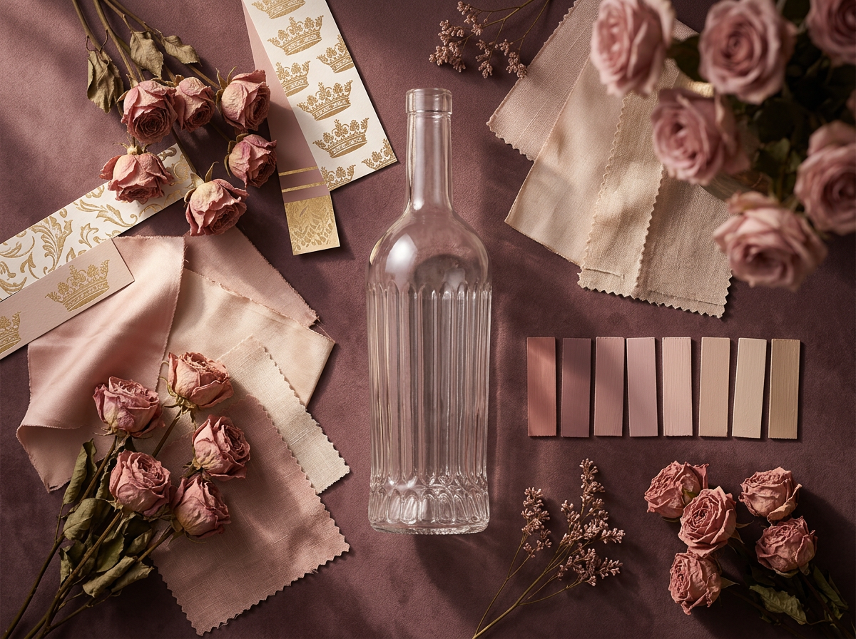 Dusty-rose moodboard flatlay with dried roses, blush swatches and gold-foil samples beside a clear unlabelled fluted bottle