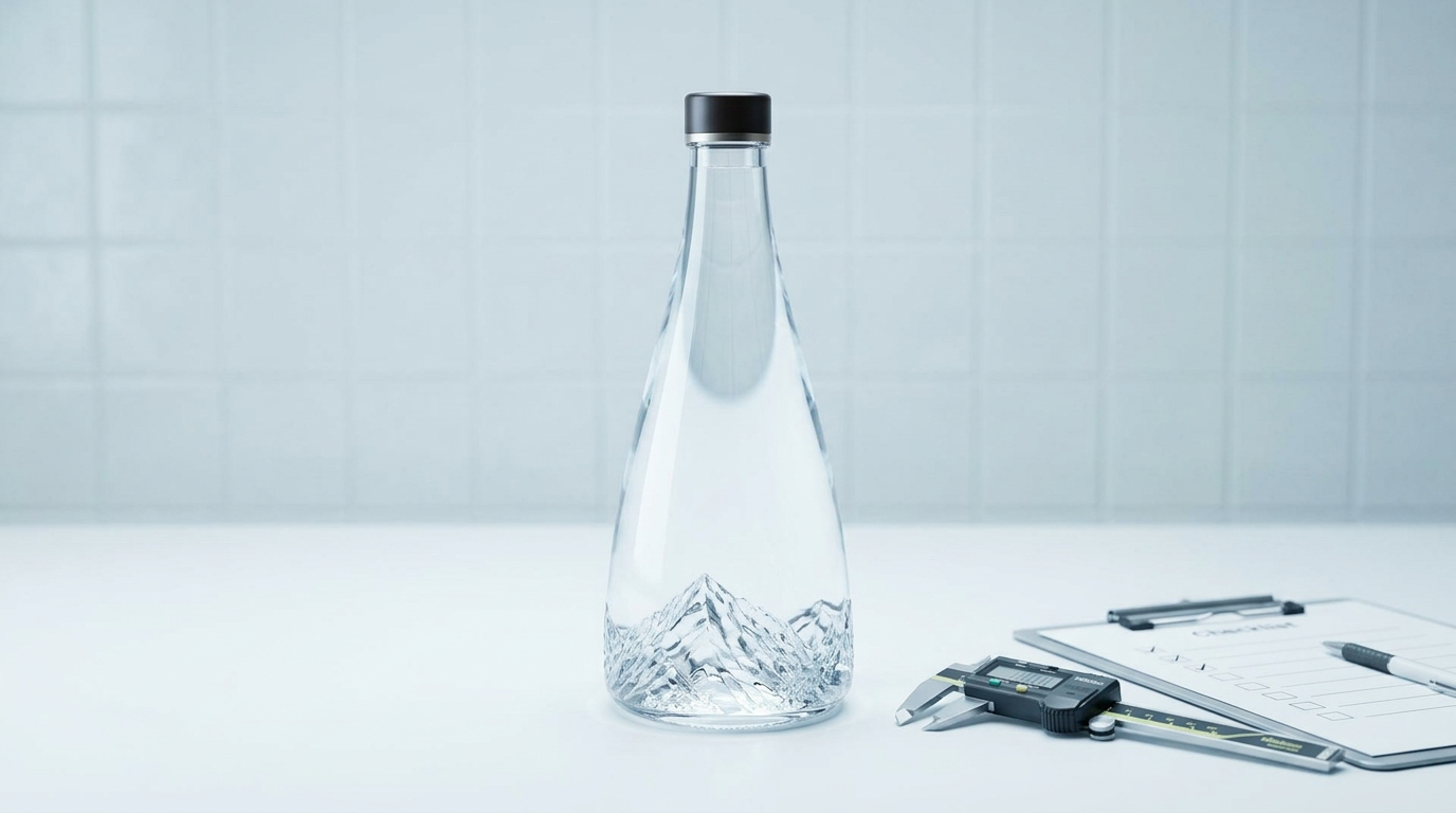 Labelled NÉVÉ bottle on a QA bench with caliper and light box