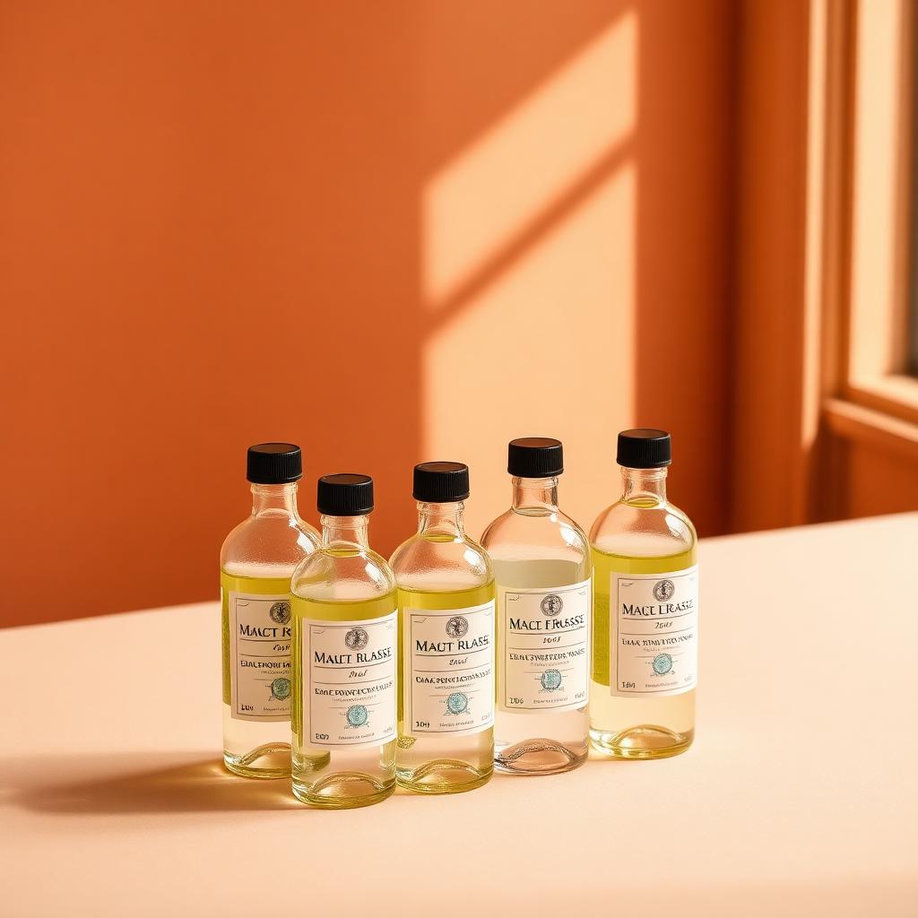 Small batch sample glass bottles arranged on a warm surface