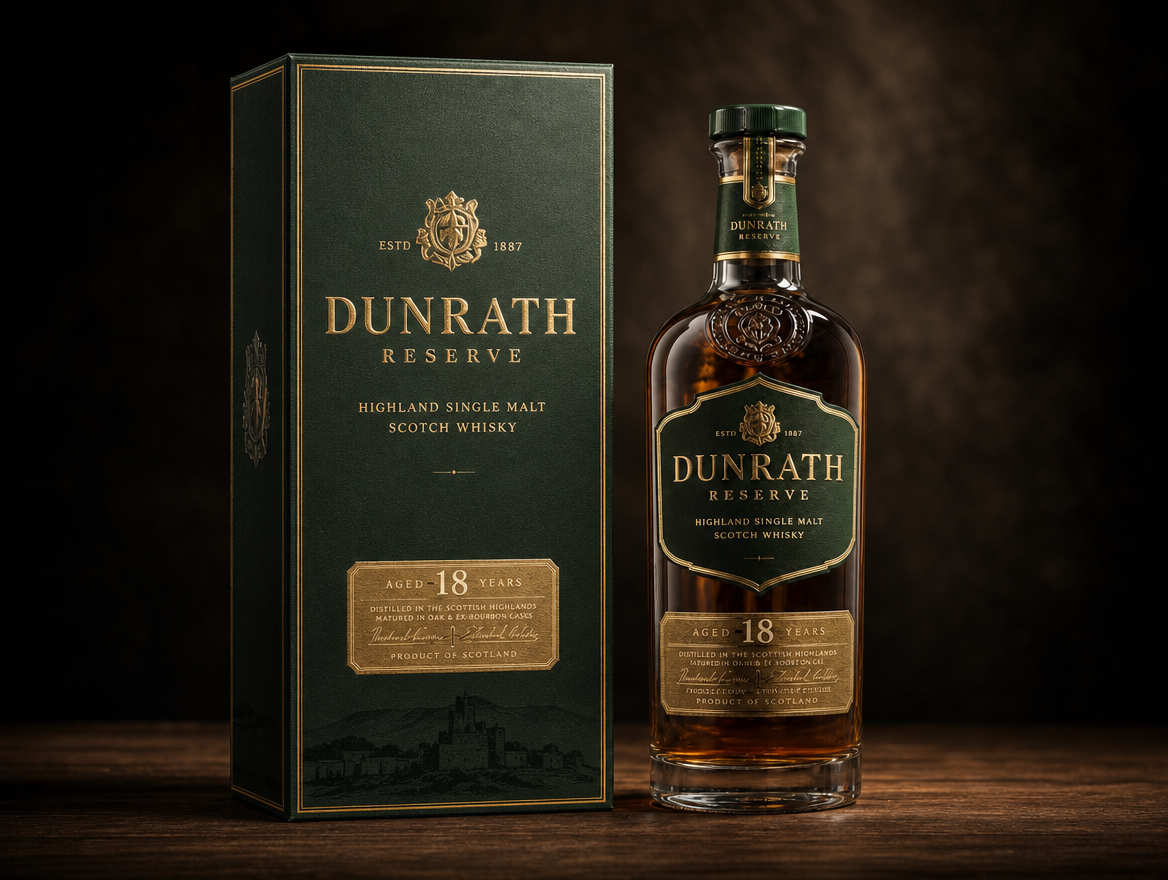 Dunrath Reserve whisky bottle with a deep green rigid presentation box