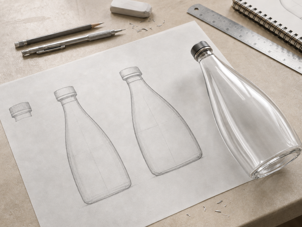 Pencil silhouette sketches of the bottle beside an unlabelled glass sample