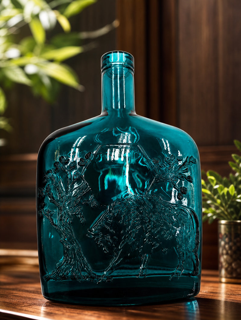 Teal embossed glass bottle with plant