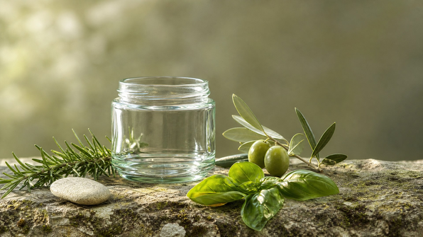 Green glass jar with herbs
