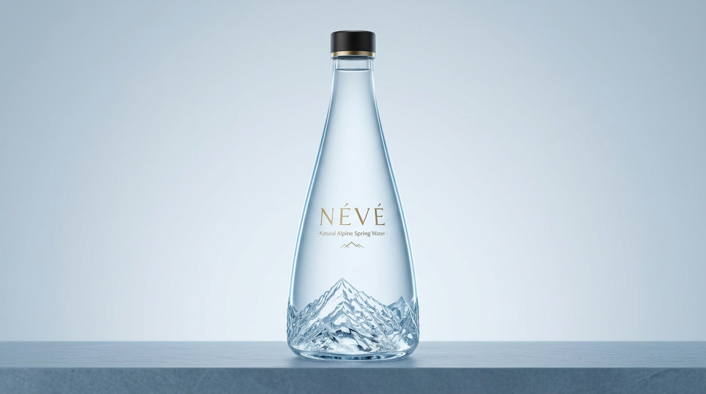 Finished NÉVÉ Natural Alpine Spring Water bottle, market ready
