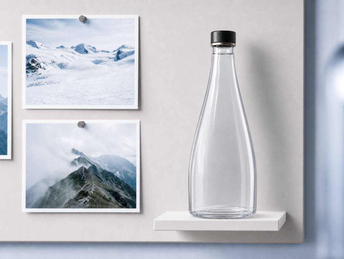 Alpine reference photos beside a clear unlabelled NÉVÉ-shaped bottle