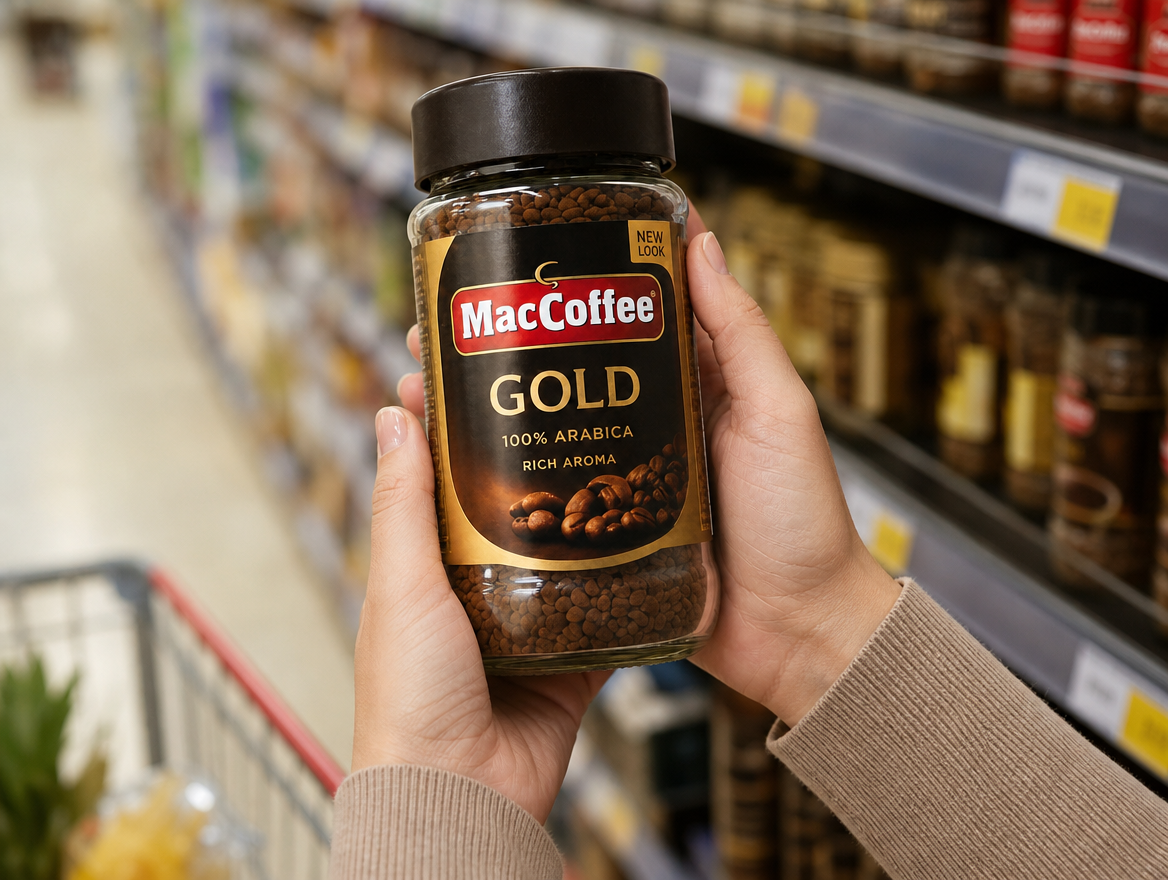 MacCoffee Gold jar showing the owned jar silhouette and premium shelf presence.