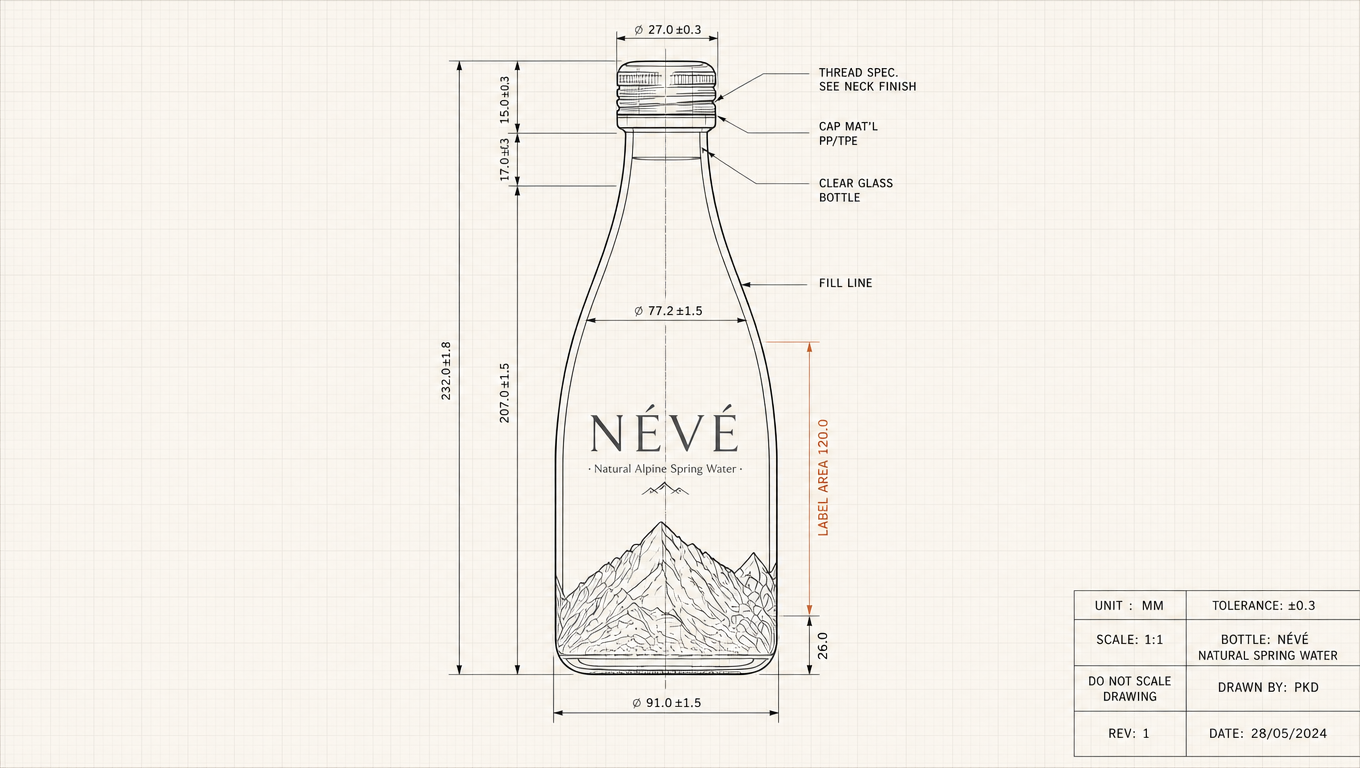 Monochrome CAD blueprint of the NÉVÉ bottle with dimensions