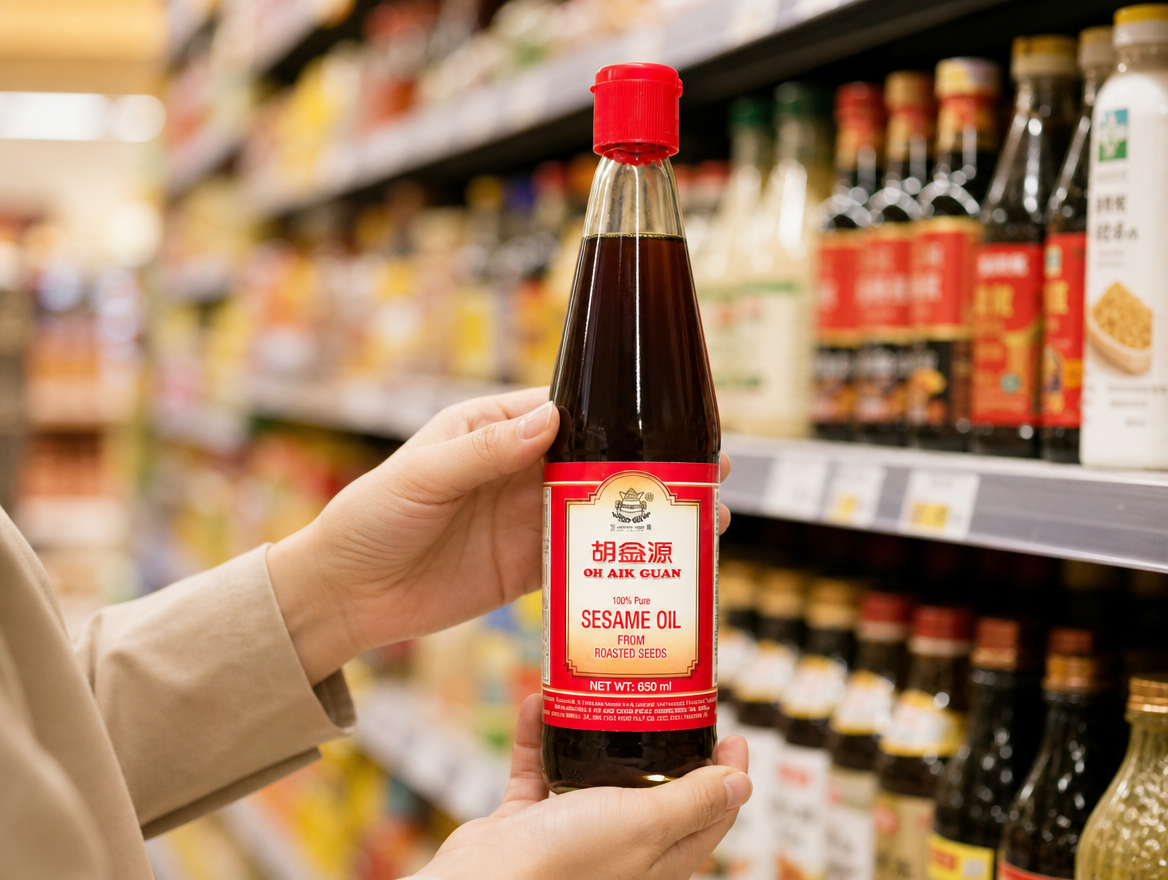 A shopper holding the Oh Aik Guan sesame oil bottle in a supermarket aisle — the shelf test the packaging has to pass.