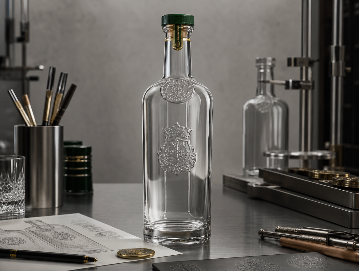 Embossed clear whisky bottle beside emboss and decoration sketches