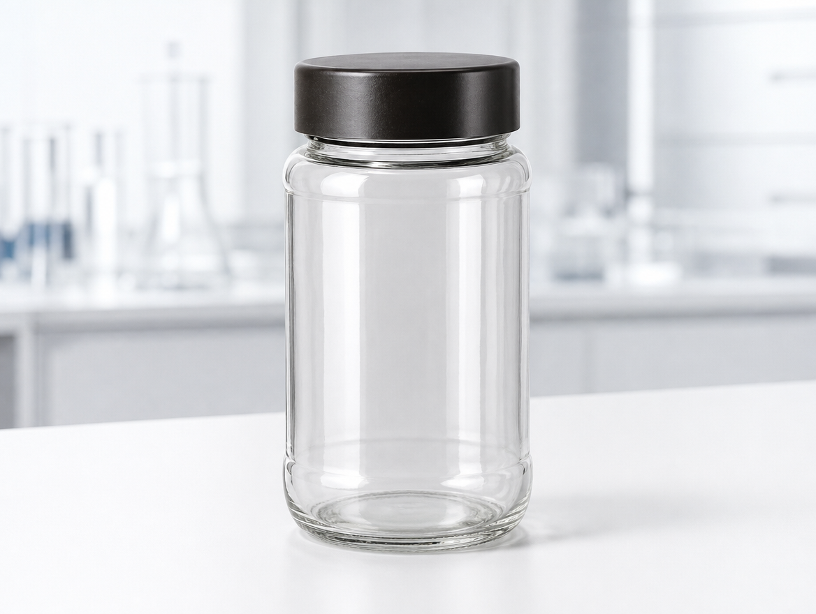 Empty clear glass version of the MacCoffee proprietary jar with the same cap and silhouette.