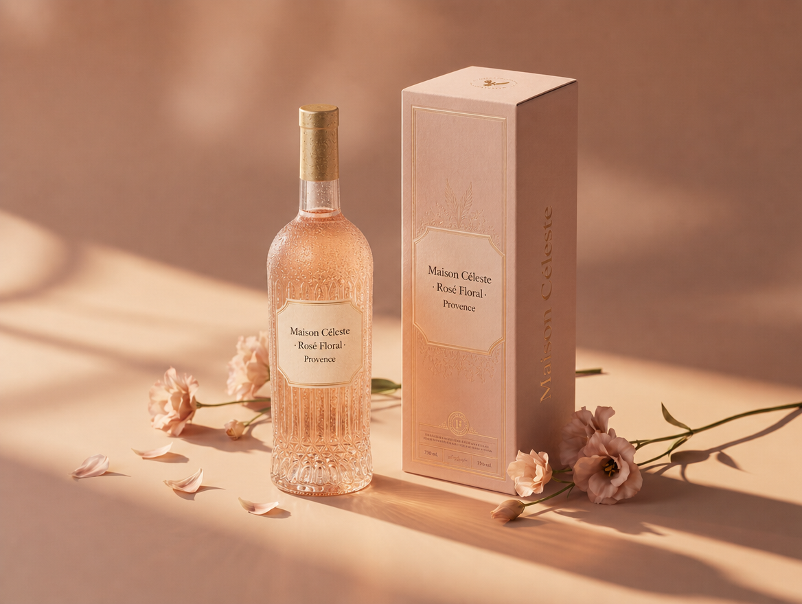 Maison Céleste Rosé Floral bottle beside its blush rigid gift carton with gold foil detailing and embossed cartouche, styled with rose petals