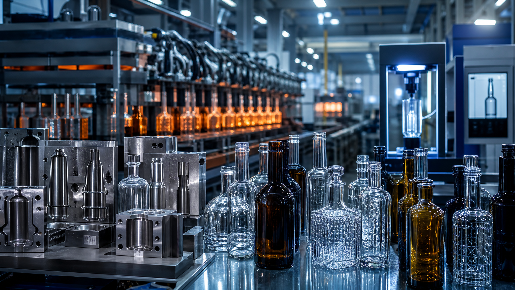 Glass bottle moulds beside finished bottles on the production line