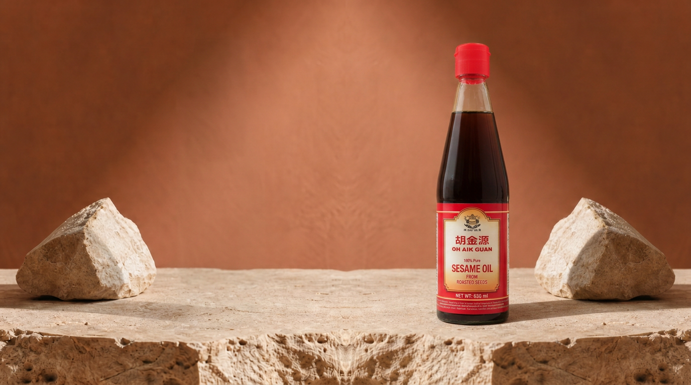 Oh Aik Guan sesame oil bottle on stone with warm terracotta backdrop, positioned to the right of the frame.