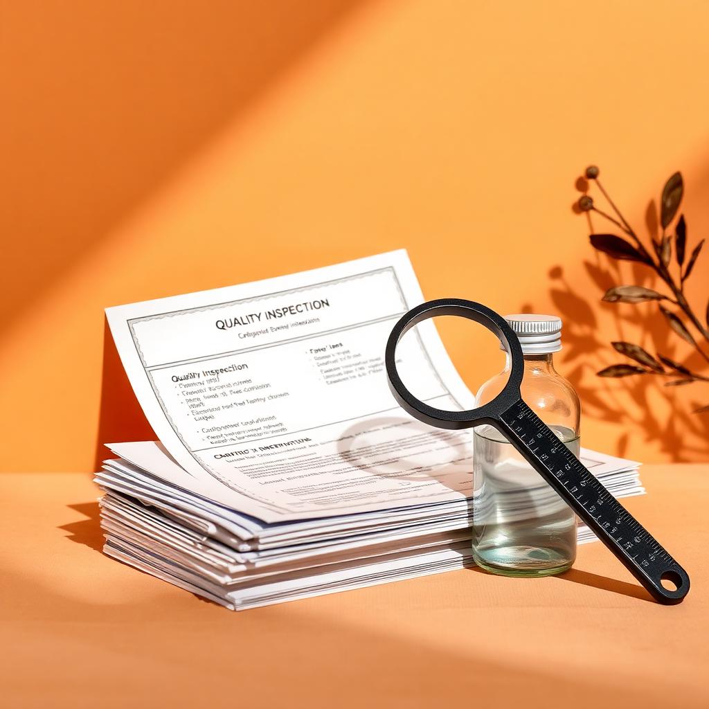 Stack of quality inspection documents with a magnifier and sample bottle