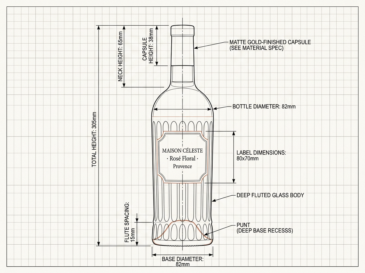 Monochrome CAD blueprint of the Maison Céleste bottle with dimensions and callouts