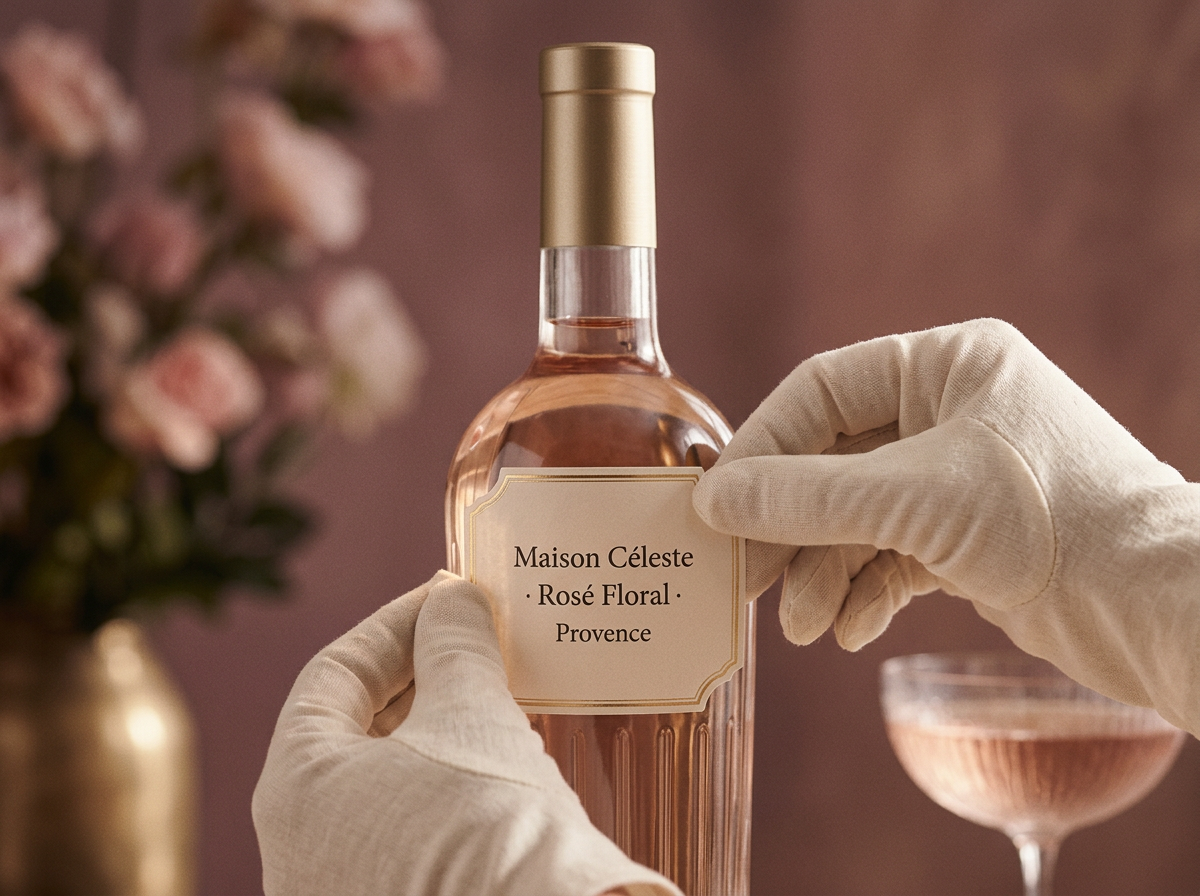 Close-up of the Maison Céleste bottle with the gold capsule and cream label being positioned