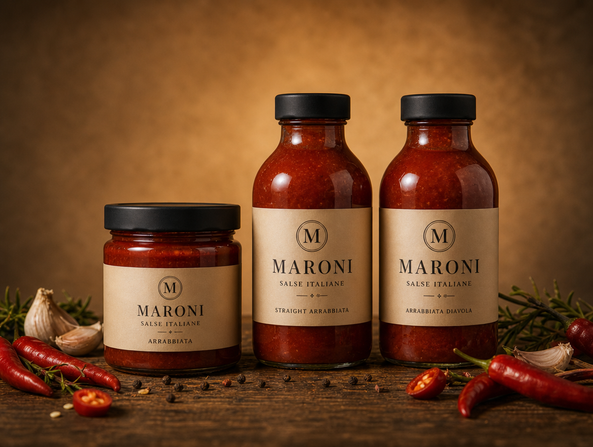 MARONI range with kraft M-monogram labels applied across the jar and two bottles