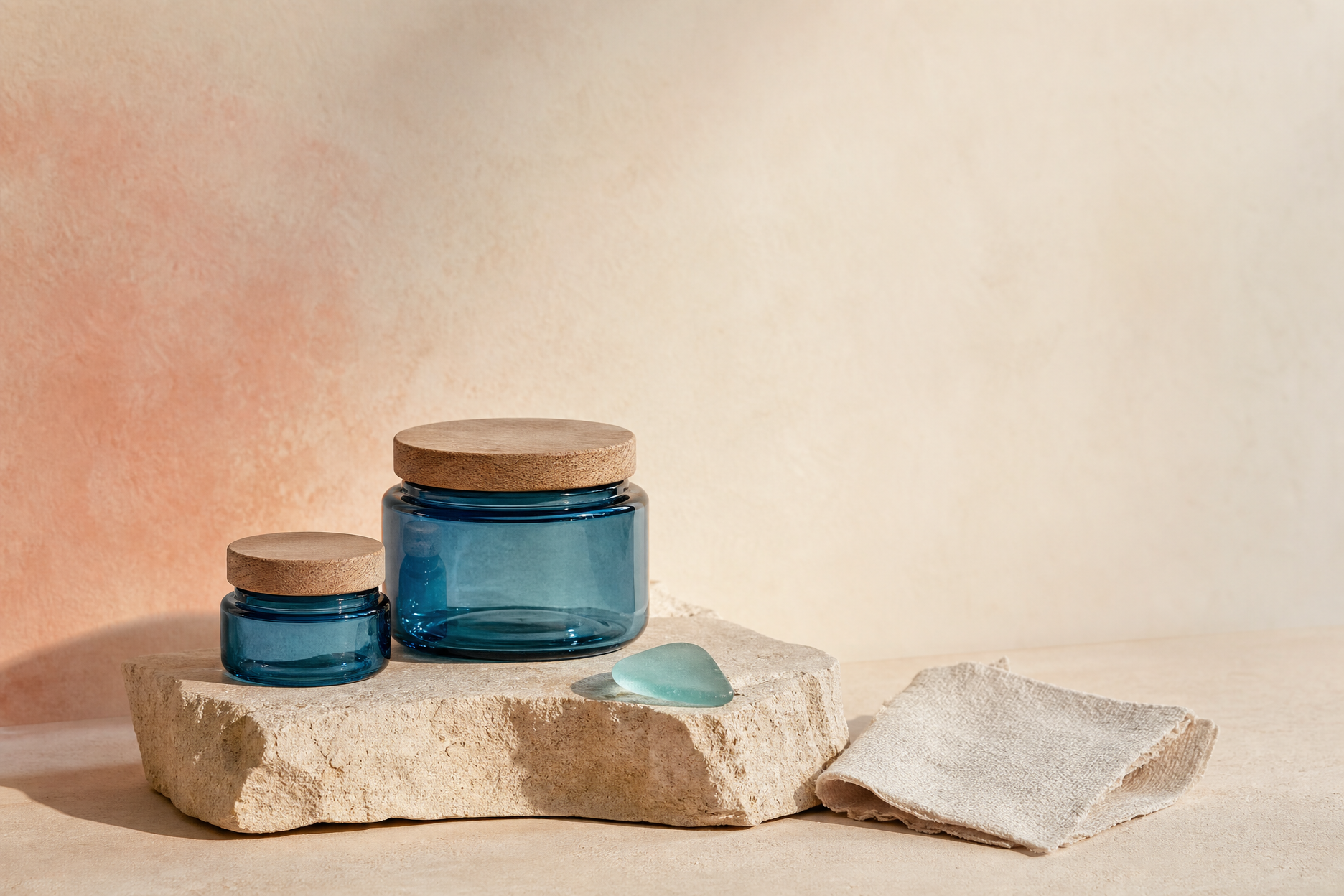 Tinted glass jars on stone