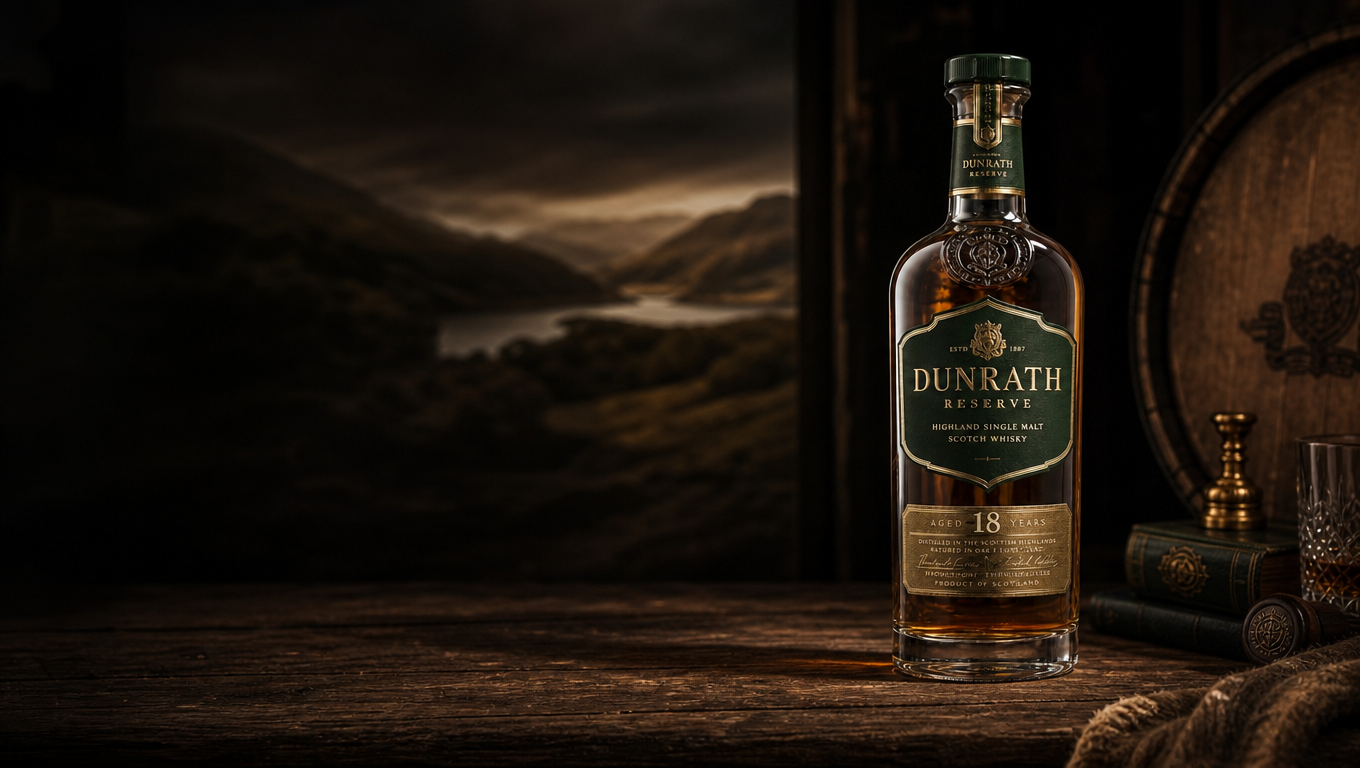 Finished Dunrath Reserve whisky bottle beside an oak cask on a heritage table