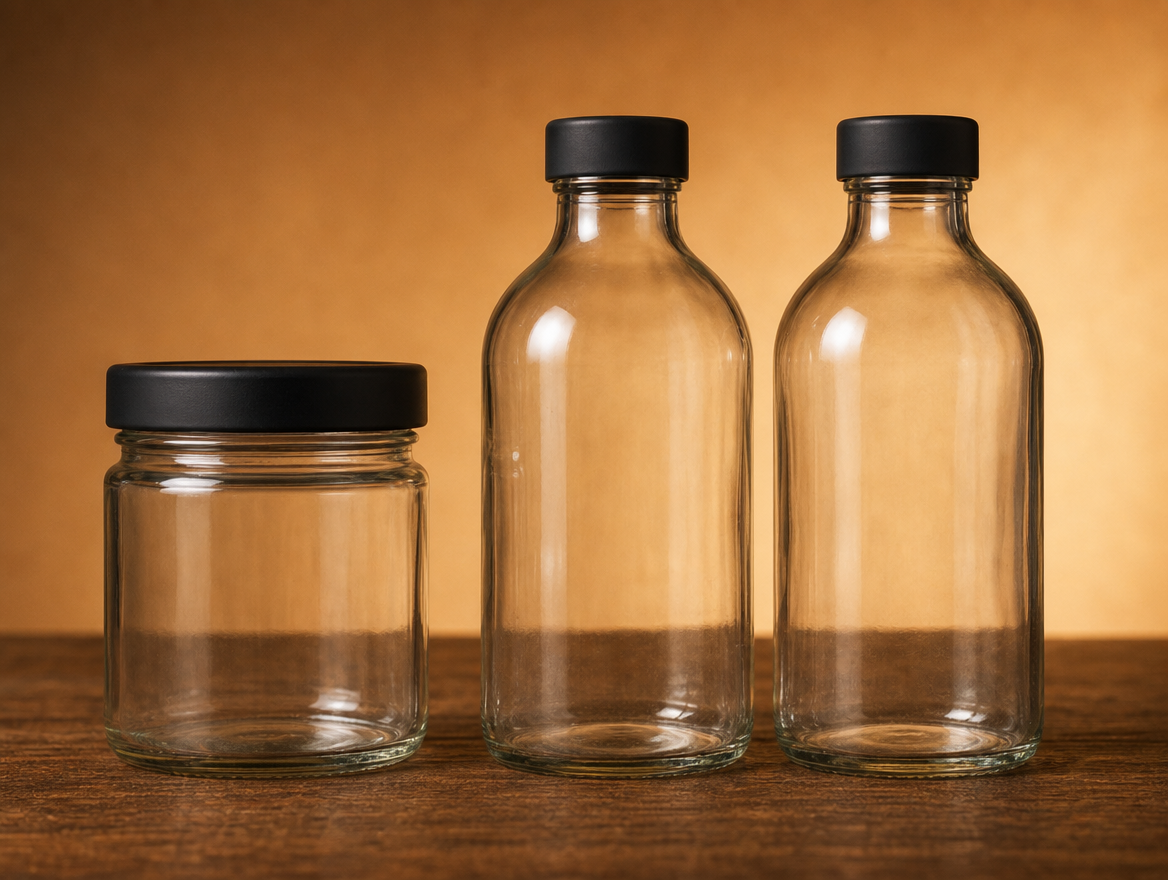 Overhead flatlay of clear unlabelled MARONI jar and two bottles with black caps, arranged with flavour notes, chillies and herbs