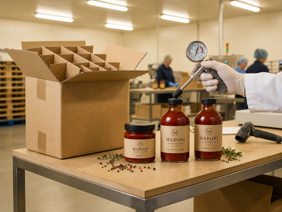 Filled MARONI range on a QA bench with a seal gauge and an open kraft carton with dividers