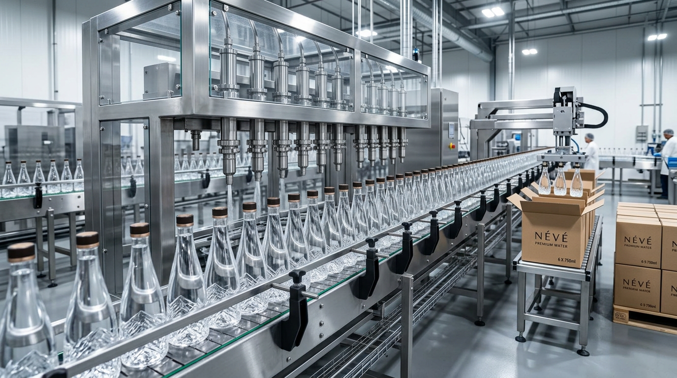 Row of finished NÉVÉ bottles on a production line with an open kraft carton