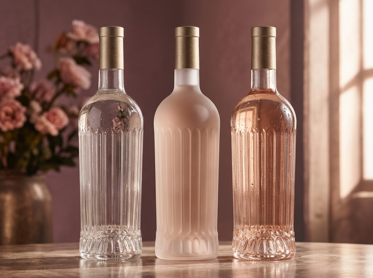 Three fluted bottles side by side: clear, frosted and blush-tinted, all with matte gold capsules