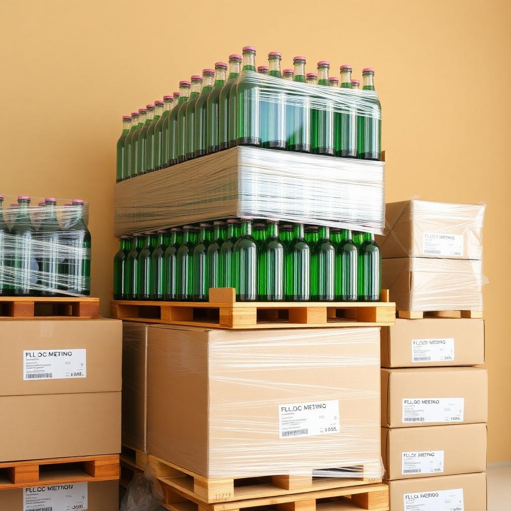 Palletised glass bottles and cartons wrapped for export shipping