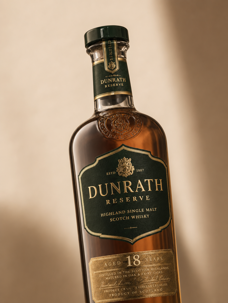 Full-length portrait of the Dunrath Reserve heritage single malt bottle, deep green glass with embossed crest medallion and gold detailing.