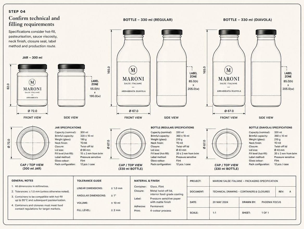 Monochrome CAD blueprint of the MARONI jar and two bottles side by side with dimensions and callouts