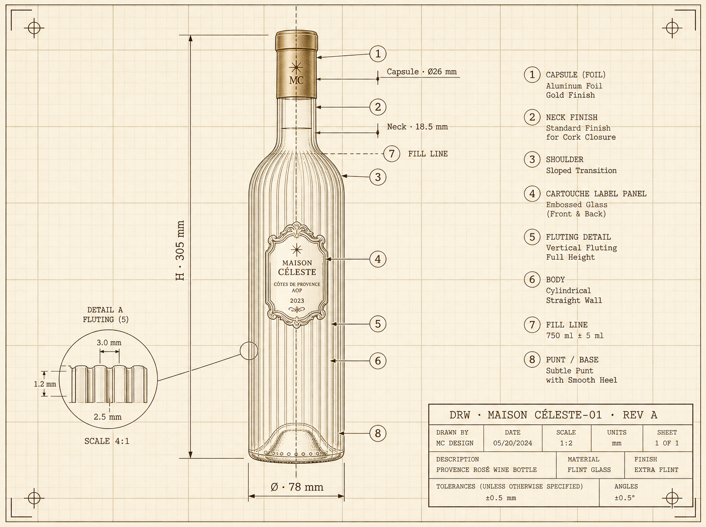Engineering blueprint of the Maison Céleste Rosé Floral bottle with dimensions and numbered callouts.