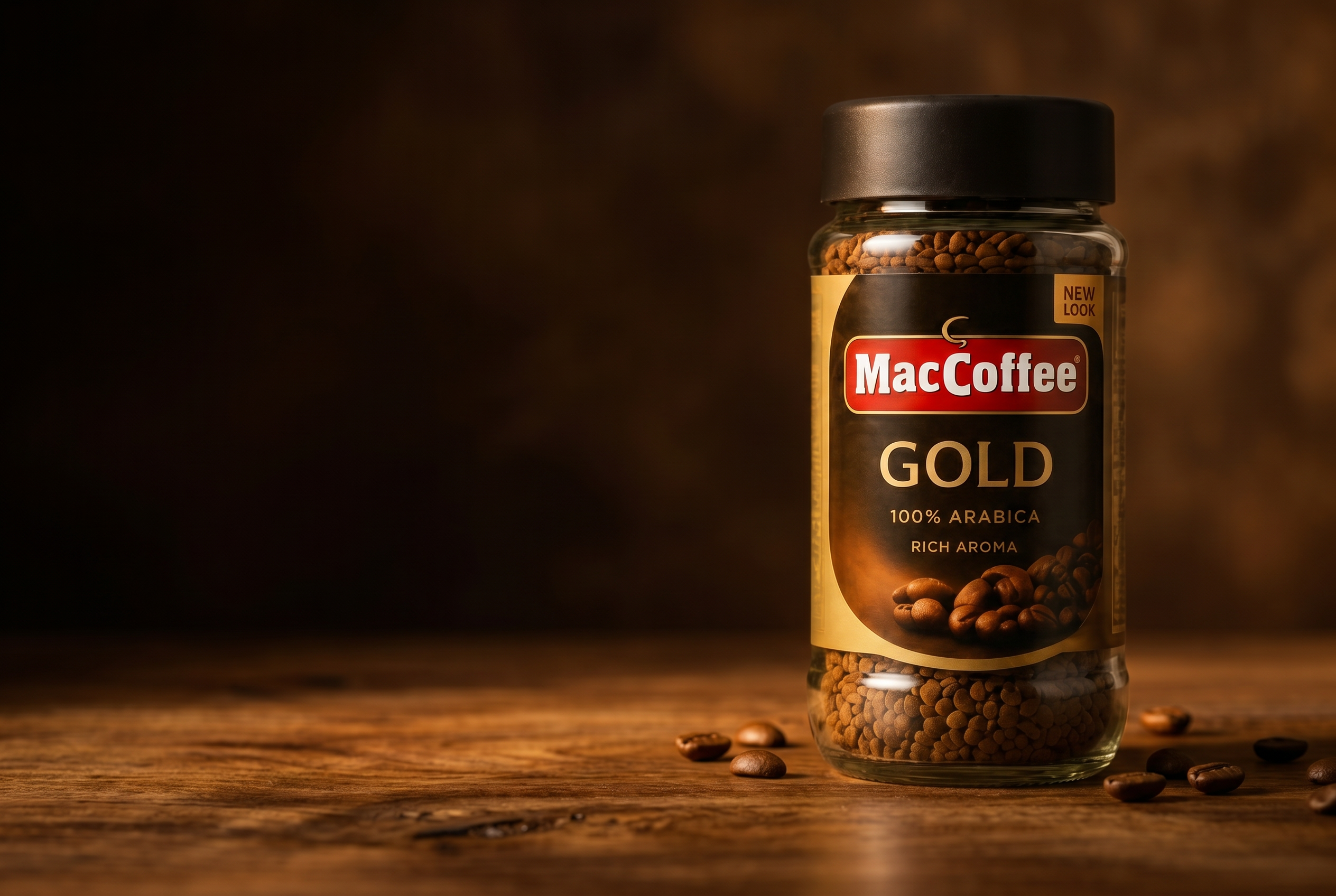 MacCoffee range of premium coffee jars styled together in warm natural light.
