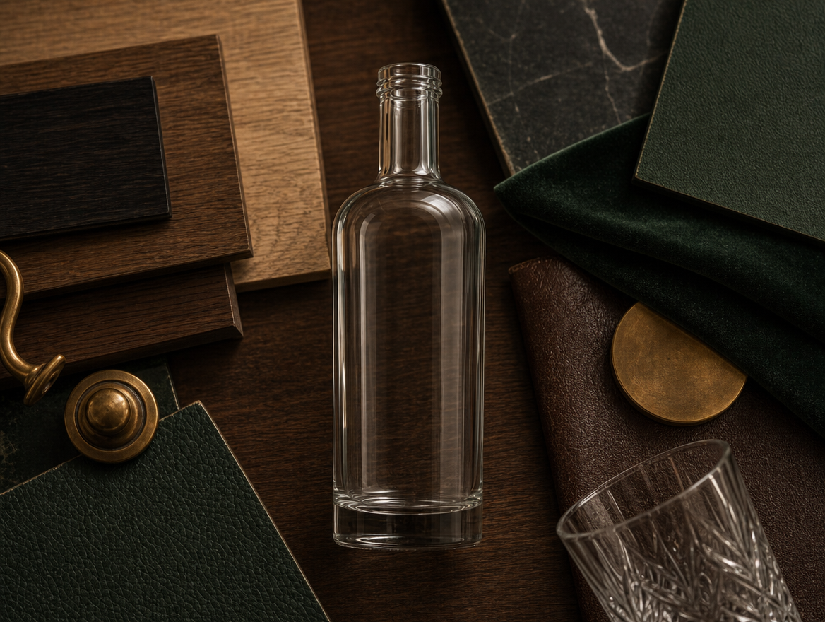 Heritage moodboard flatlay with dark timber, green leather, brass details and reference whisky bottles