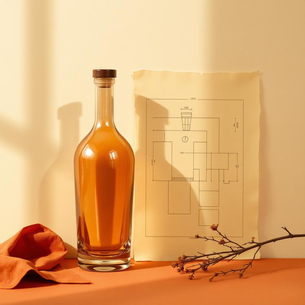 Custom amber glass bottle beside a technical line drawing