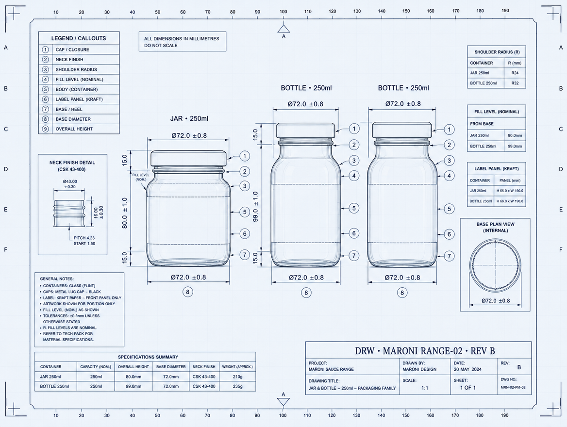 Engineering blueprint of the MARONI specialty sauce range with jar and bottle dimensions and callouts.