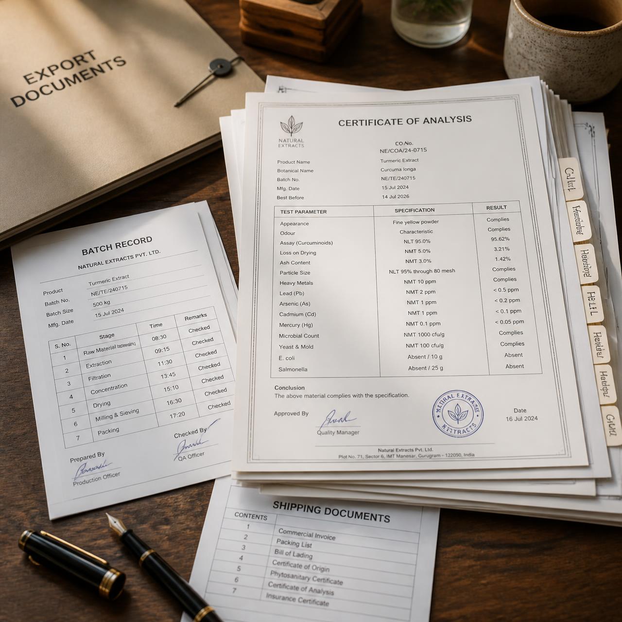 Export documents, batch records and certificate of analysis arranged on a wooden desk